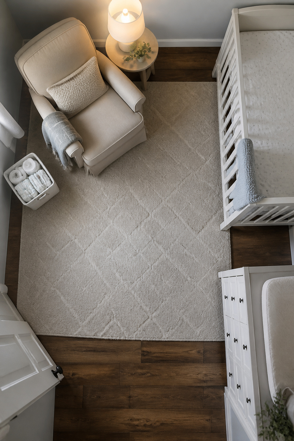 A rug marking different functional areas in a nursery.