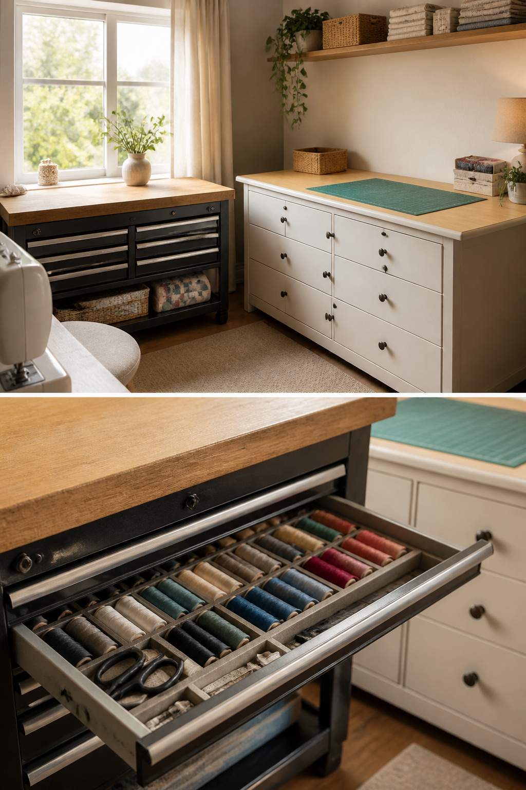 7 Small Sewing Room Ideas for Tight Spaces in 2026 10 A dresser with a new top serving as a cutting station in a sewing room.