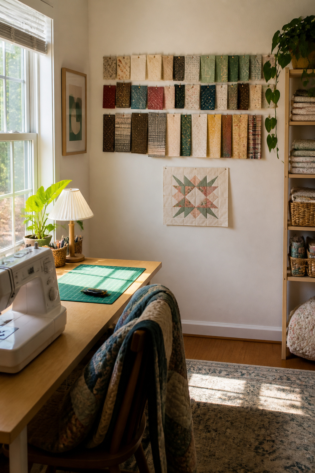 7 Small Sewing Room Ideas for Tight Spaces in 2026 11 A wall with fabric swatches and a single project piece in a sewing area.