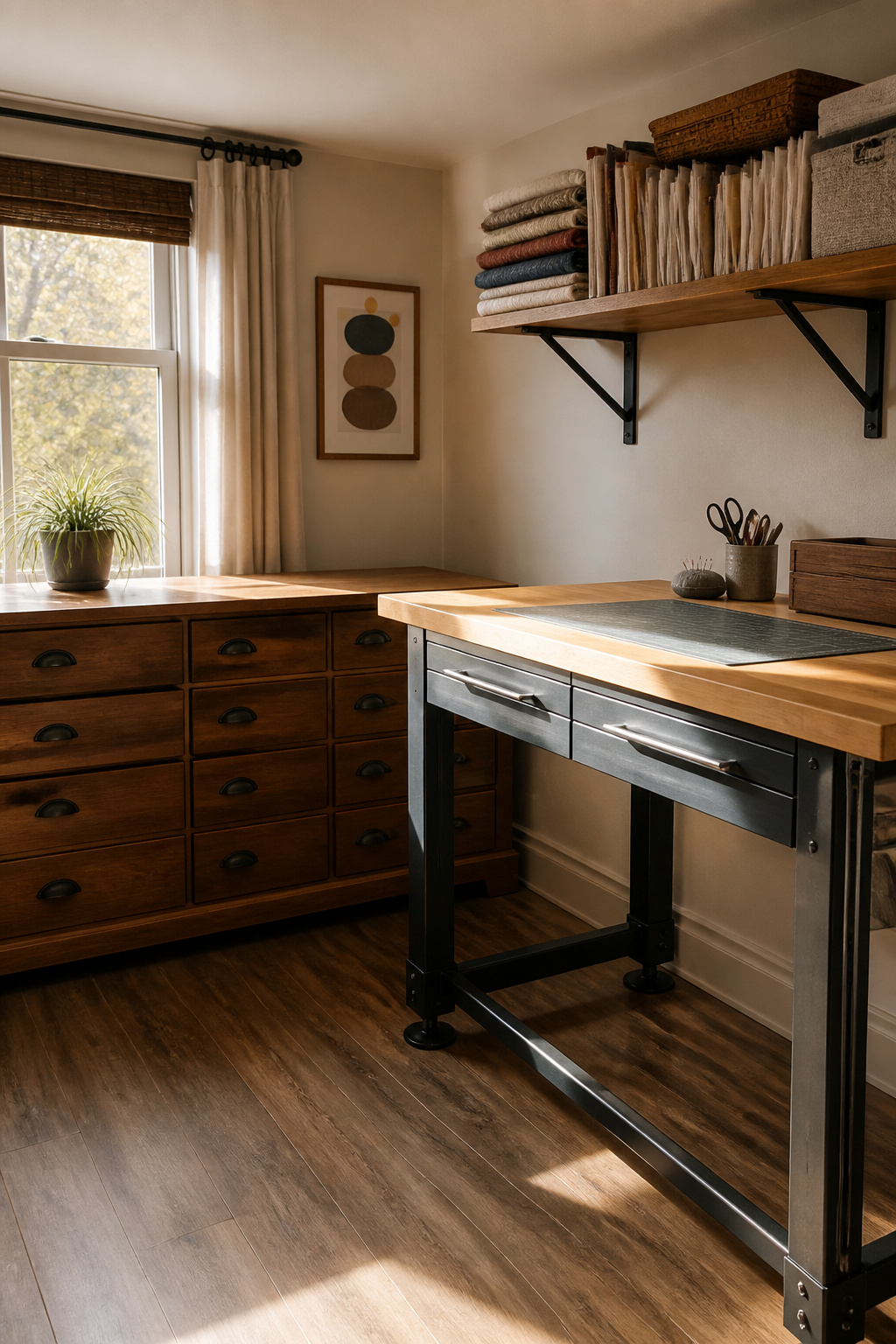 7 Small Sewing Room Ideas for Tight Spaces in 2026 2 A Husky workbench and dresser in a well-lit sewing room.