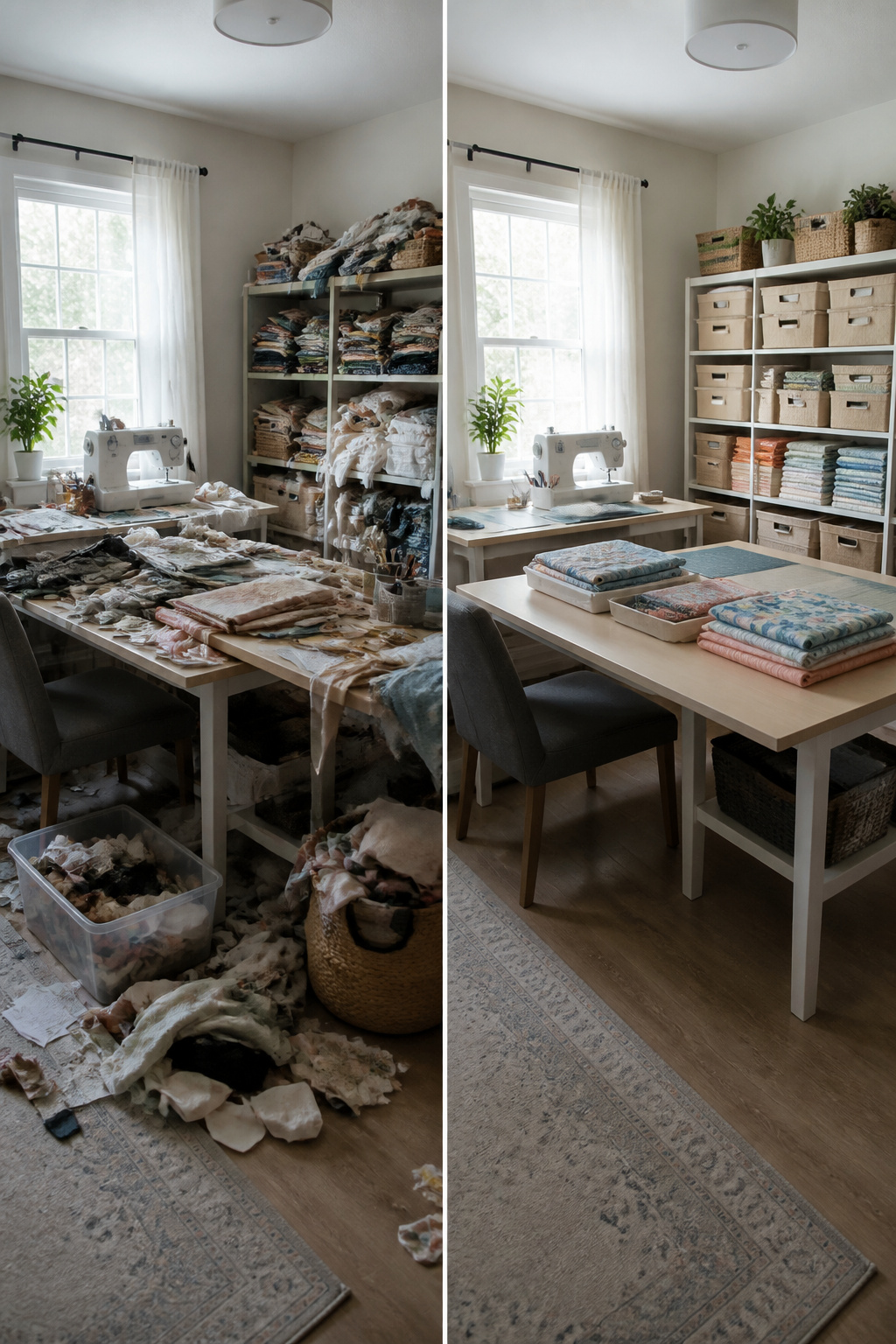7 Small Sewing Room Ideas for Tight Spaces in 2026 5 Bins and trays organizing sewing supplies in a small room.
