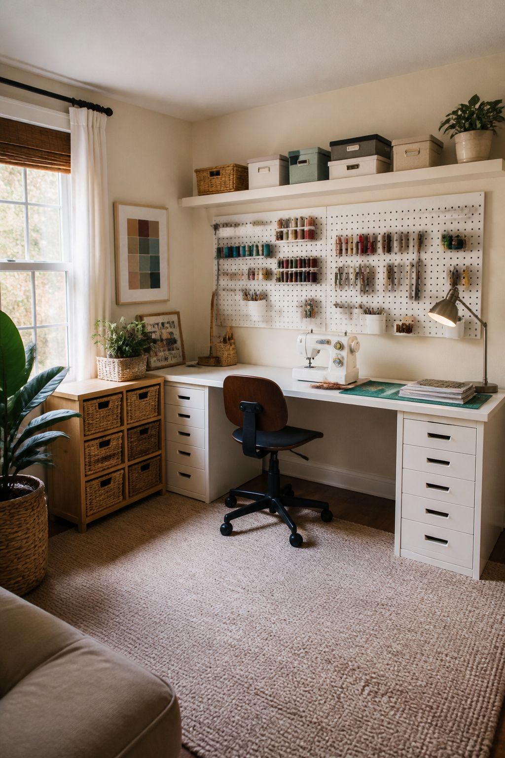 7 Small Sewing Room Ideas for Tight Spaces in 2026 6 Pegboard mounted on the wall displaying sewing tools.