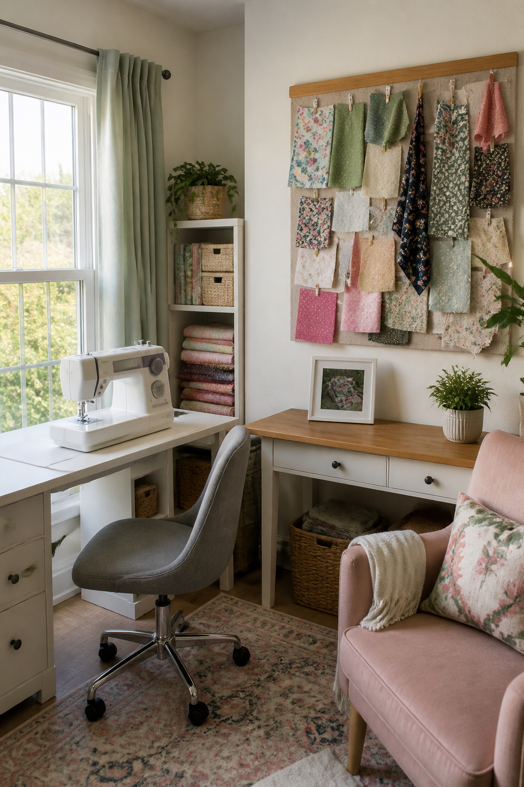 7 Small Sewing Room Ideas for Tight Spaces in 2026 7 A wall with fabric swatches and a framed photo in a sewing room.
