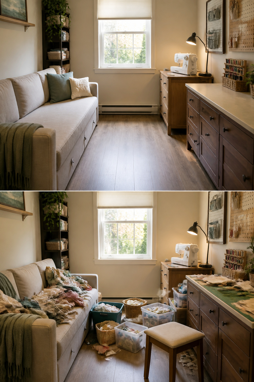 7 Small Sewing Room Ideas for Tight Spaces in 2026 8 A sofa bed and dresser in a sewing corner that doubles as a guest area.