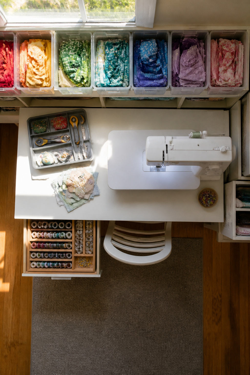 7 Small Sewing Room Ideas for Tight Spaces in 2026 9 Labeled bins and containers organizing various fabrics in a sewing room.