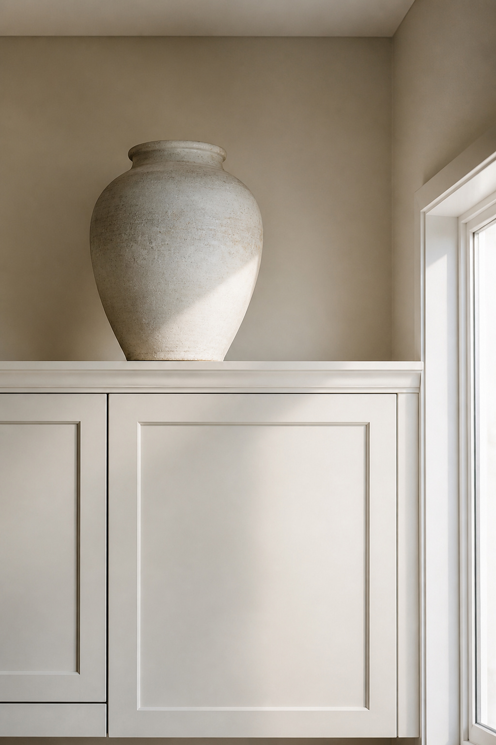 Simple decor arrangement above kitchen cabinets.