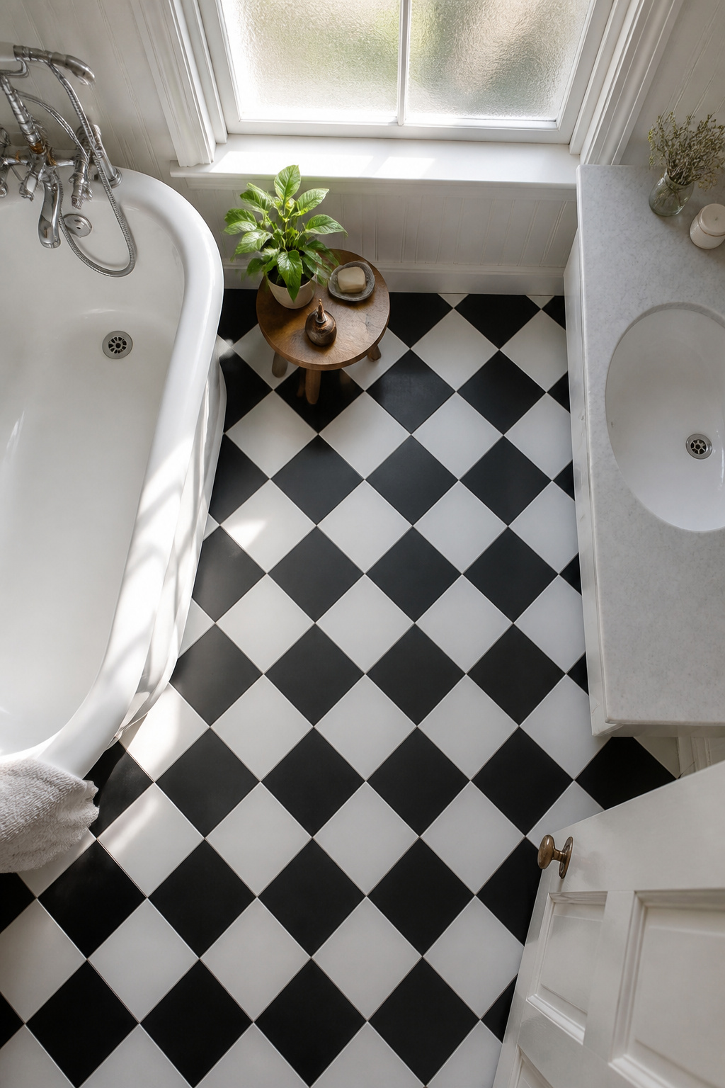 Black and white checkerboard tiles on the bathroom floor.