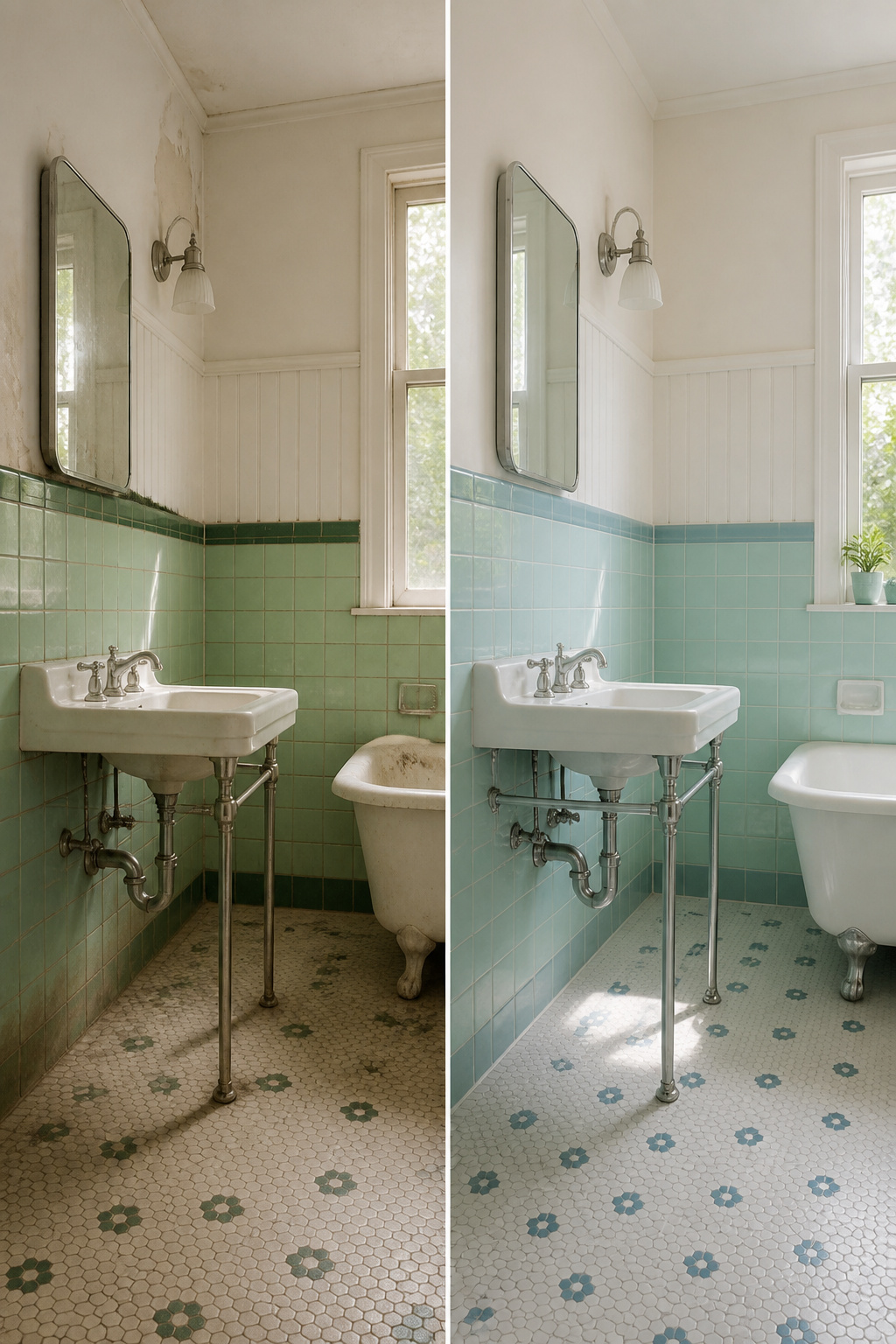 Mint green and baby pink pastel tiles on the bathroom wall.