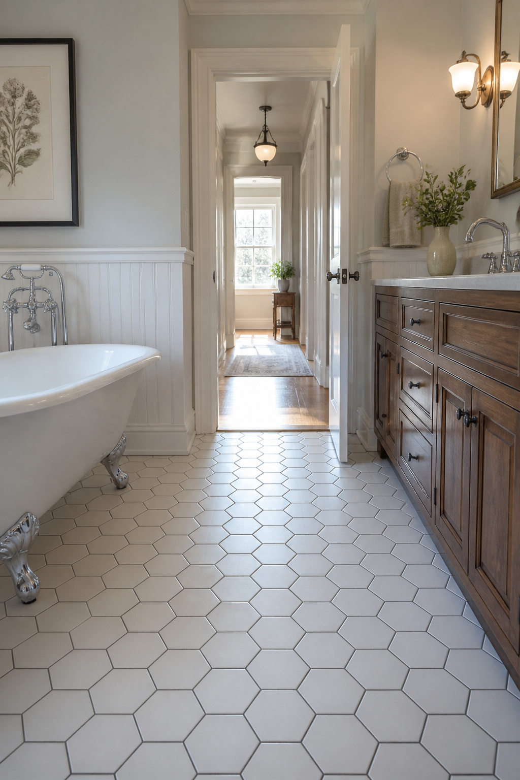 Large white hexagon tiles on the bathroom floor.
