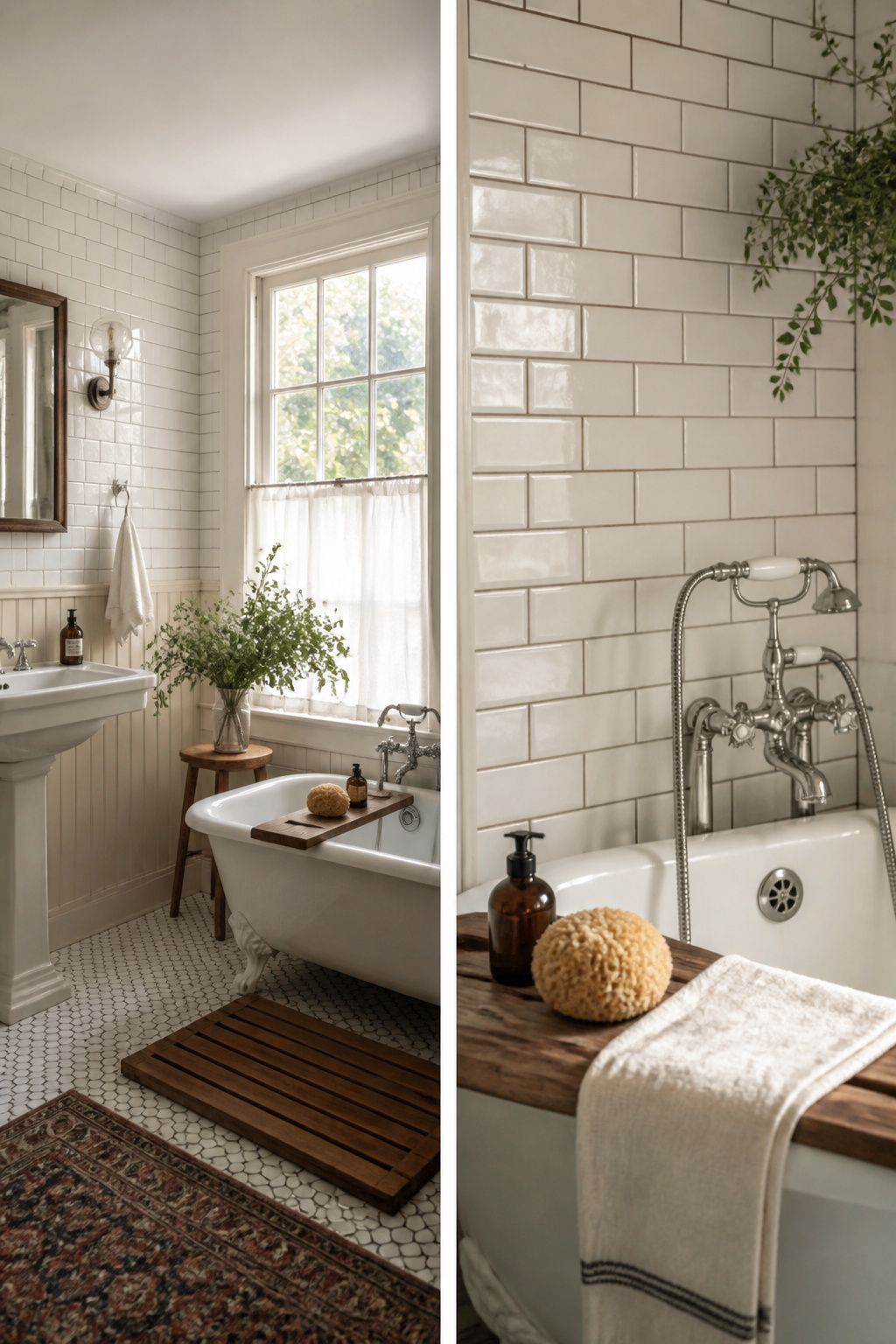 White subway tiles arranged in a running bond pattern on a bathroom wall.