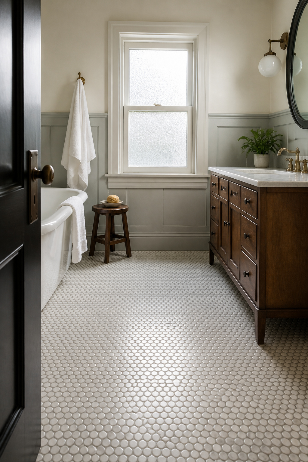 Penny round tiles covering the bathroom floor.