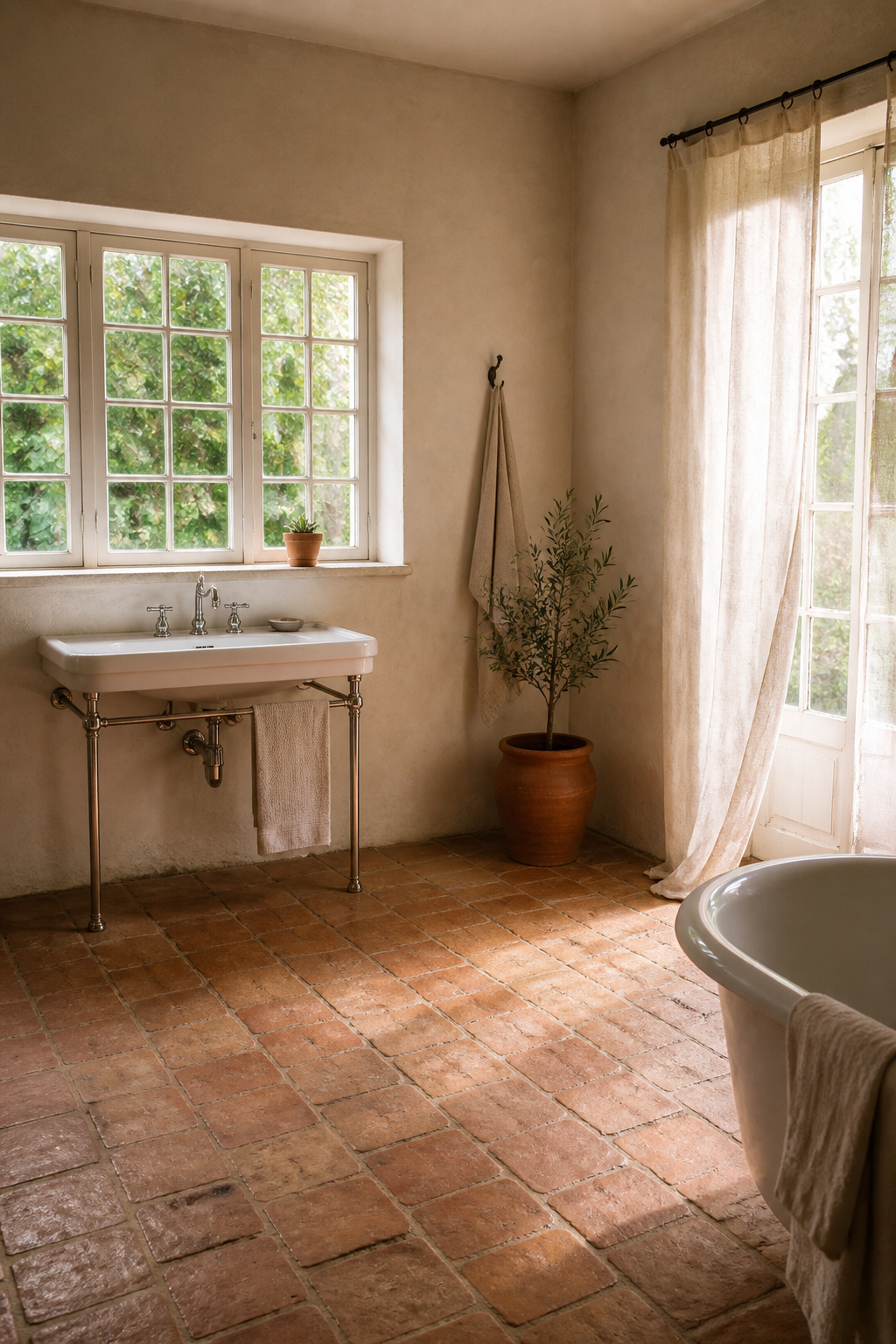 Terracotta tiles on the bathroom floor.