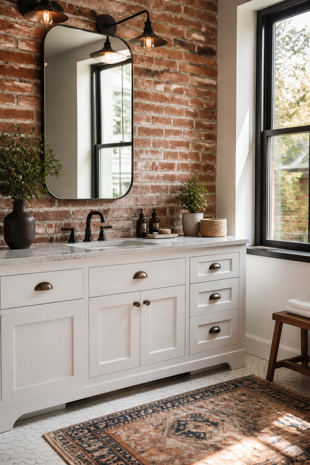 Thin brick veneer installed on a bathroom wall.