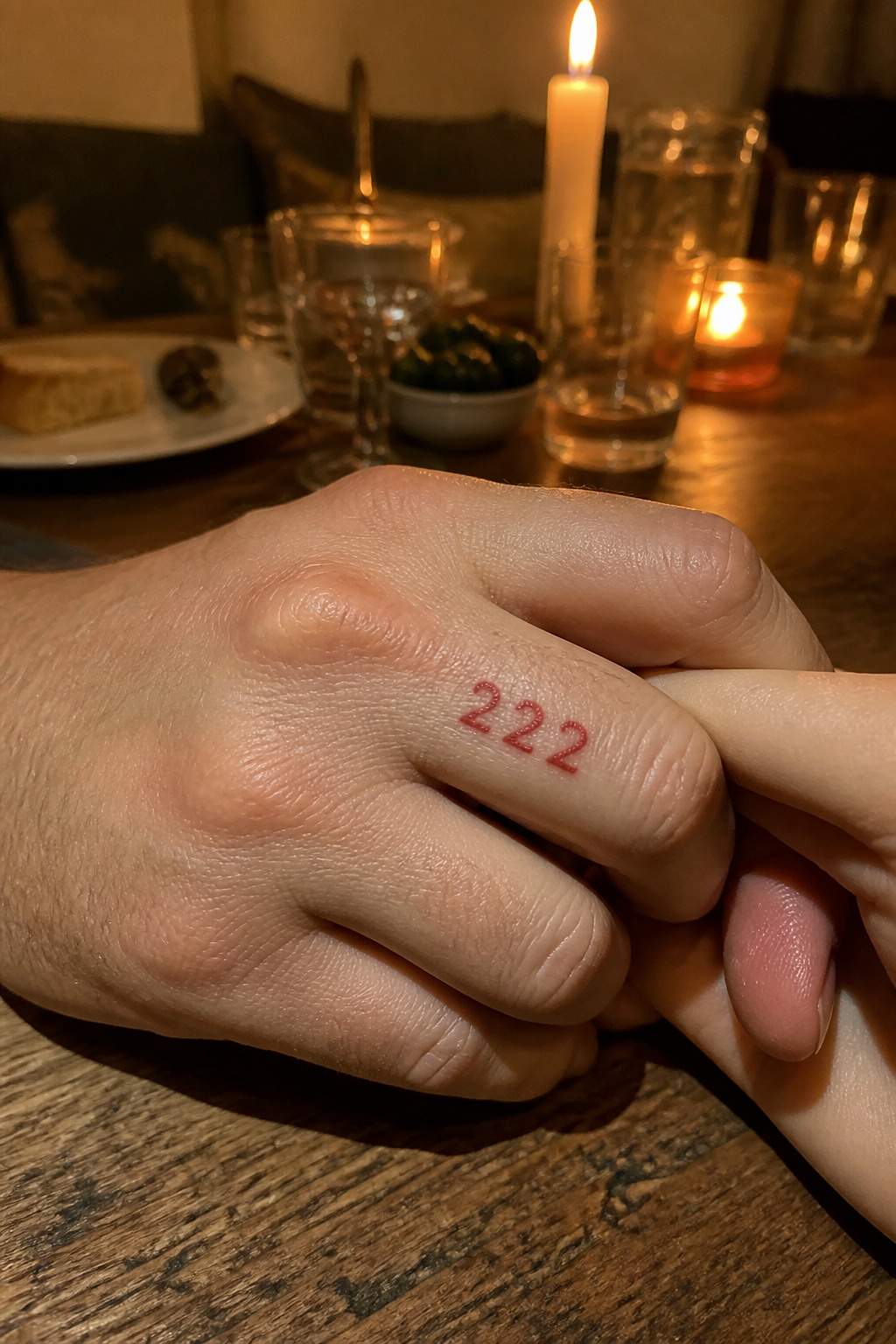 Close-up of a finger tattoo featuring the numerals '222' in red ink.