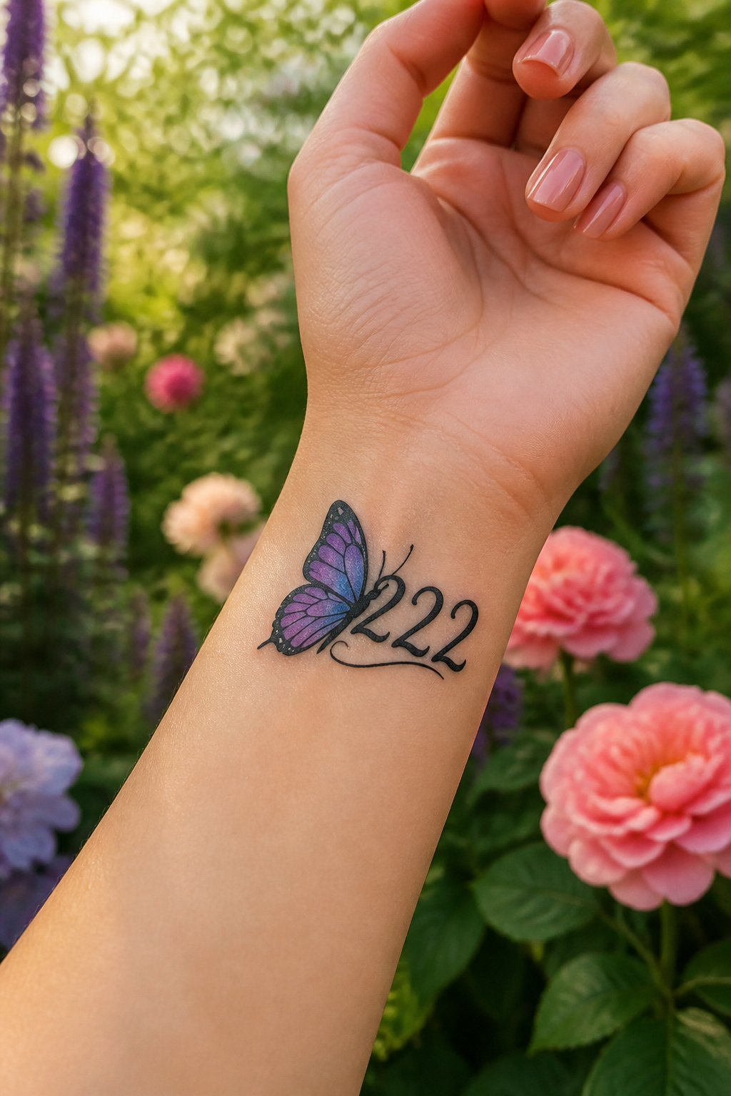 A tattoo of a butterfly combined with the numerals '222'.