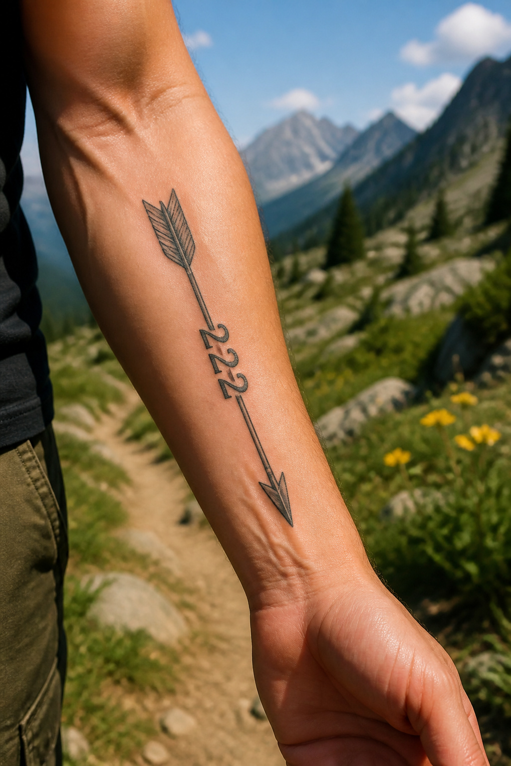 A tattoo of an arrow with the numerals '222' along its shaft.