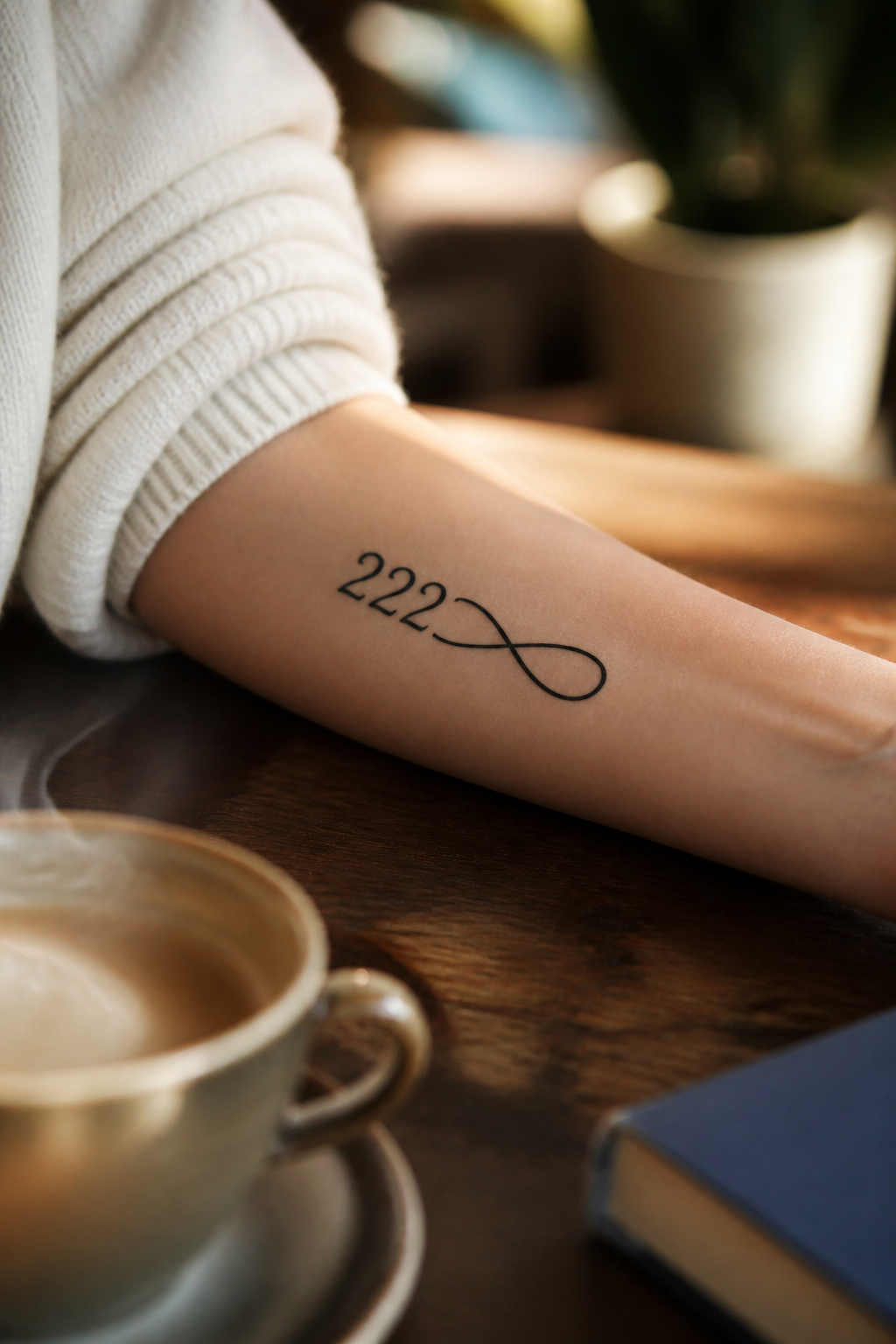 A tattoo of the infinity symbol intertwined with the numerals '222'.