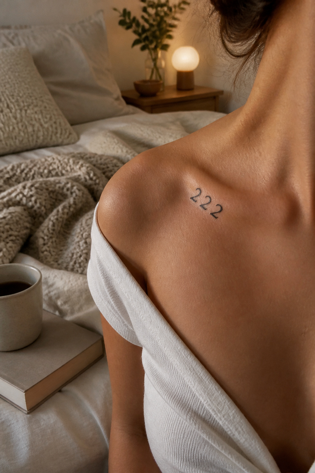 A close-up of a '222' tattoo across the collarbone area.
