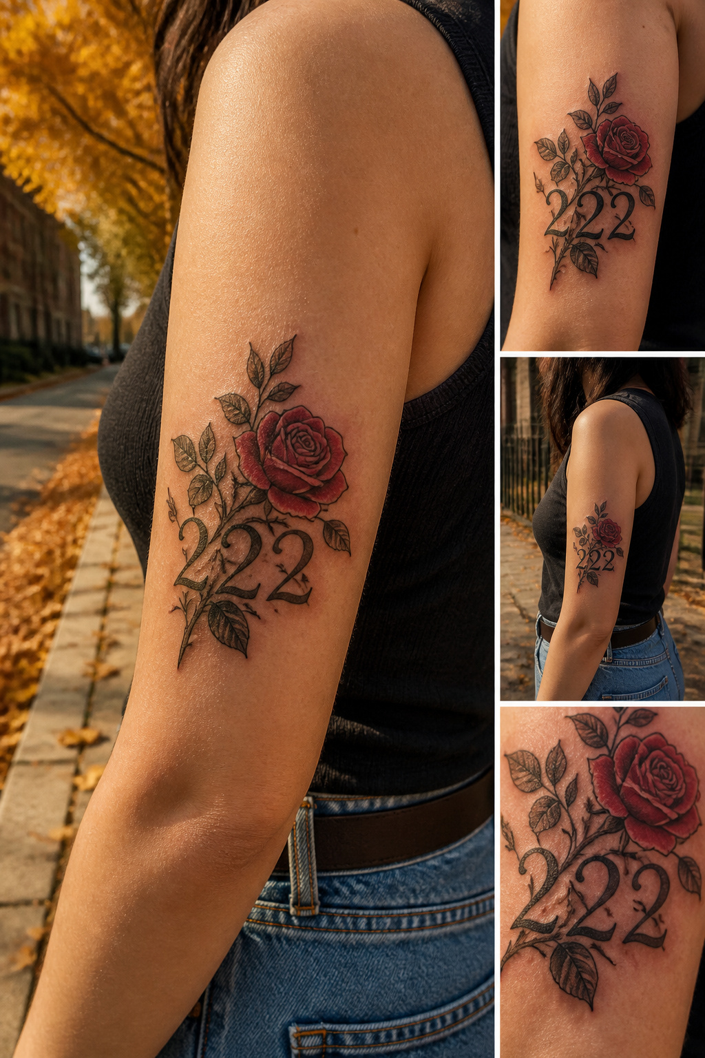 A tattoo featuring a rose alongside the numerals '222'.