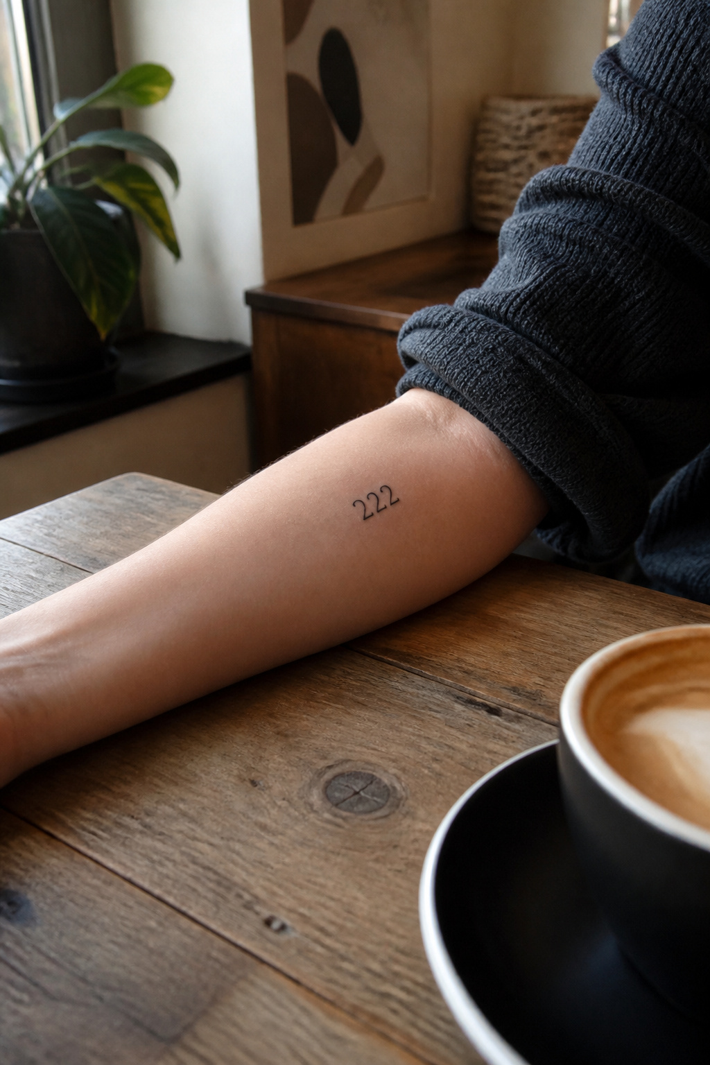 Close-up of a black '222' tattoo on the inner forearm.