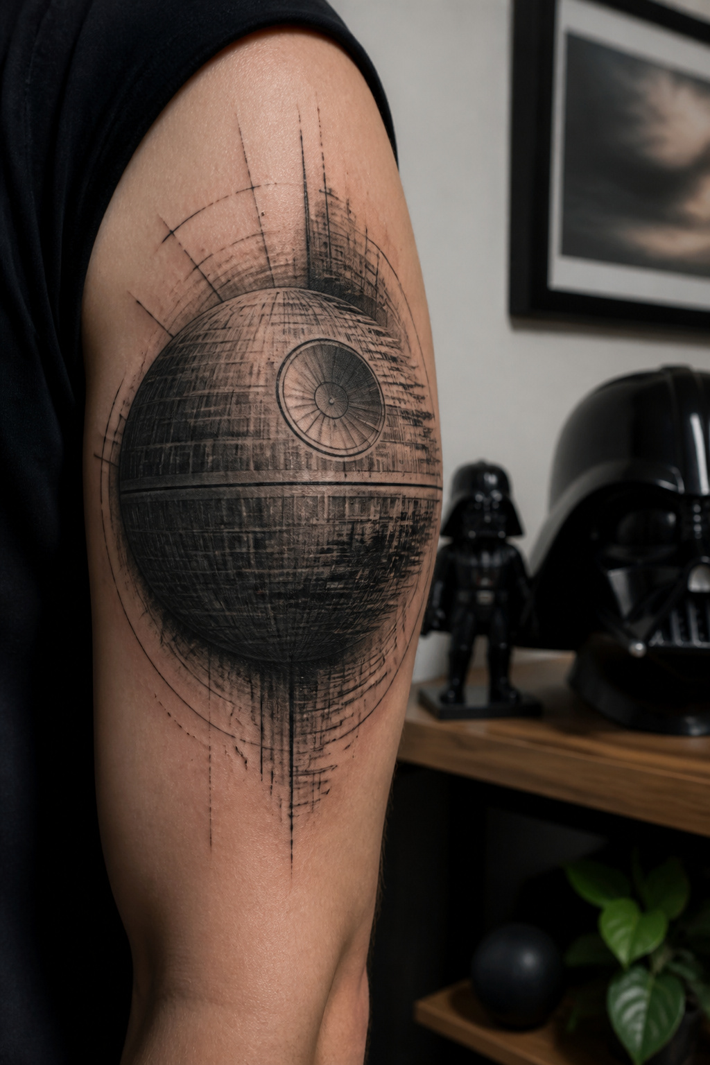 Tattoo of Darth Vader's helmet alongside the Death Star.