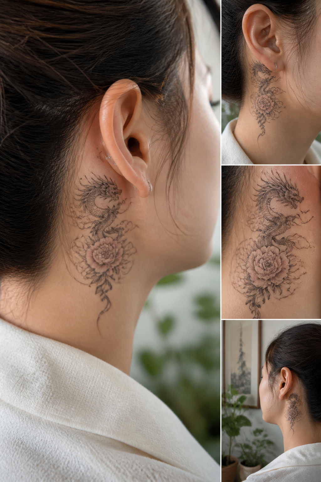 Dragon tattoo surrounded by flowers behind the ear.