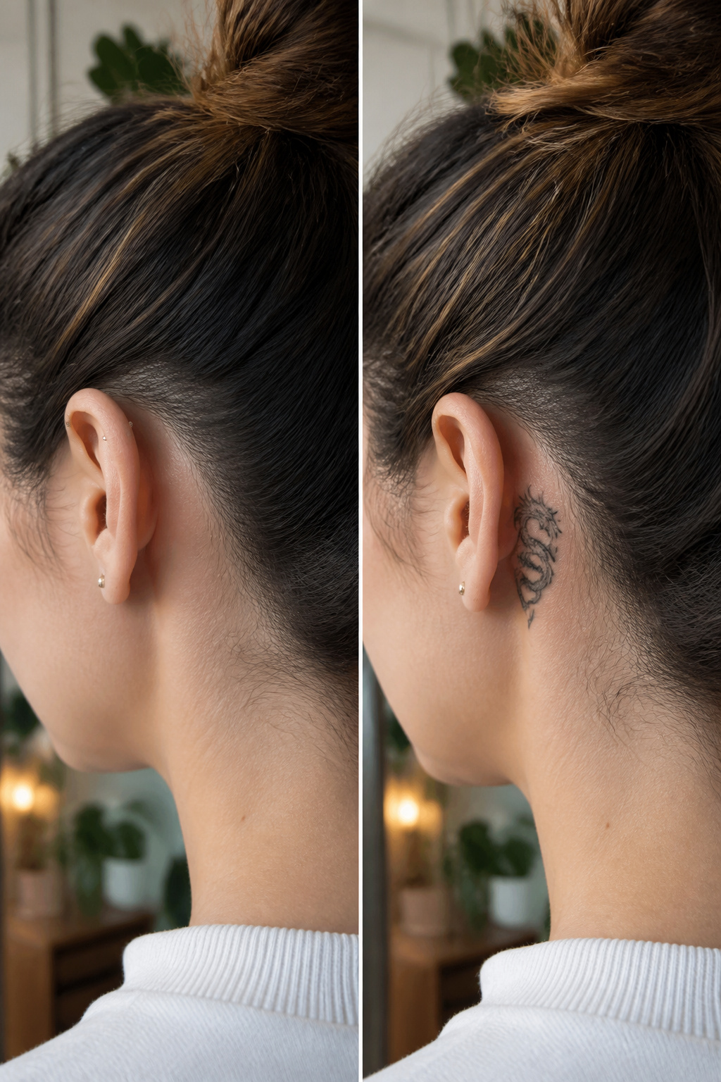 Image illustrating the appeal of dragon tattoos behind the ear.