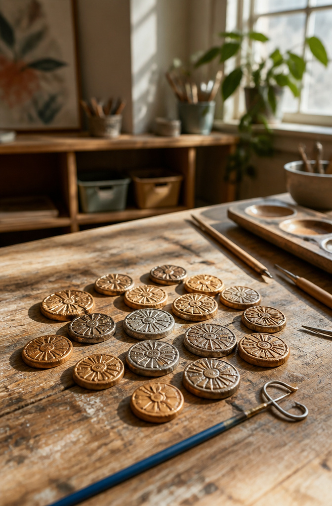 20 5th Grade Craft Ideas for Science, Art, and Handmade Gifts in 2026 11 A collection of air-dry clay coins with different carvings.