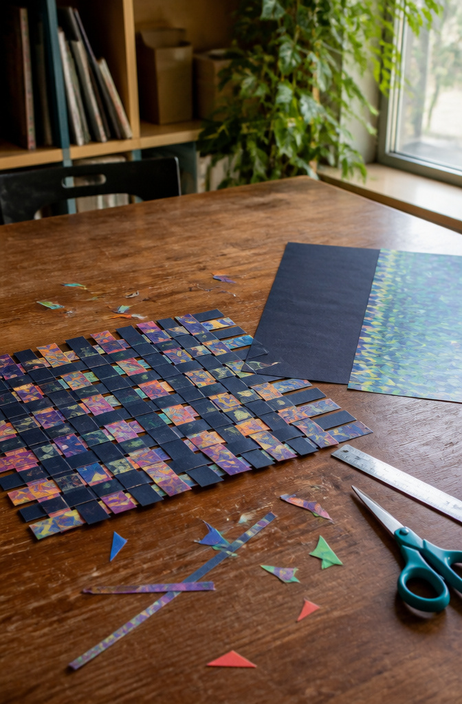 20 5th Grade Craft Ideas for Science, Art, and Handmade Gifts in 2026 18 A completed paper weaving project with bright and dark strips.