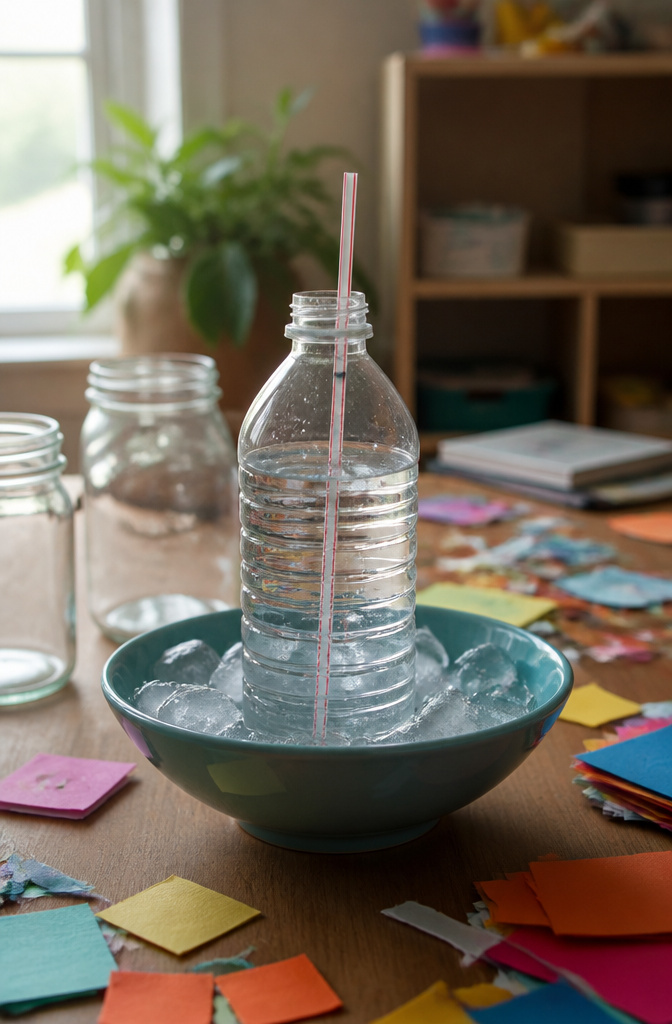 20 5th Grade Craft Ideas for Science, Art, and Handmade Gifts in 2026 2 A plastic bottle with water and a straw in an ice-filled bowl.