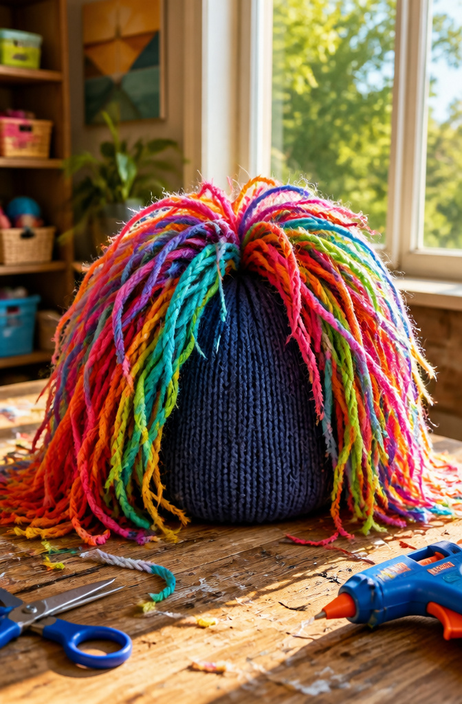 20 5th Grade Craft Ideas for Science, Art, and Handmade Gifts in 2026 3 A swim cap covered with colorful yarn strands resembling hair.