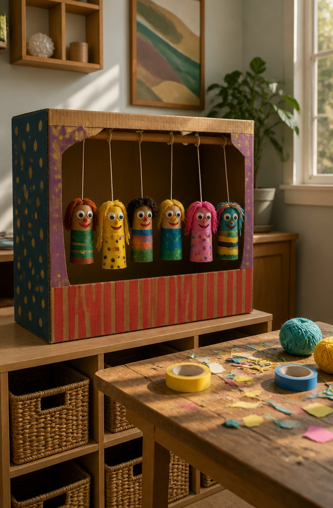 Marionettes made from toilet paper rolls displayed in a puppet theater.