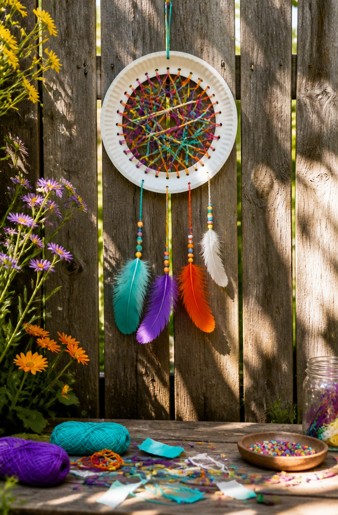 A handmade dreamcatcher made from a paper plate and yarn hanging outside.