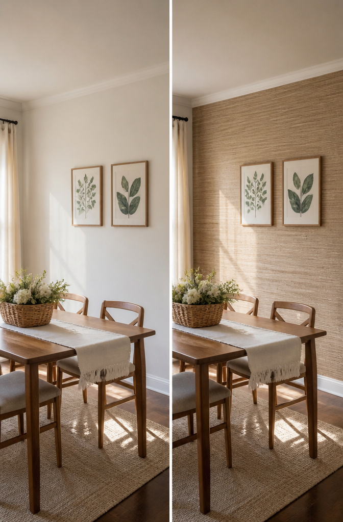 14 Budget Home Decor Ideas That Cost Almost Nothing 3 A wall covered with faux grasscloth wallpaper.