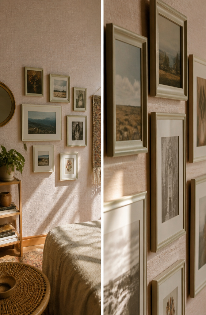 A framed photo hangs on a wall with afternoon light.
