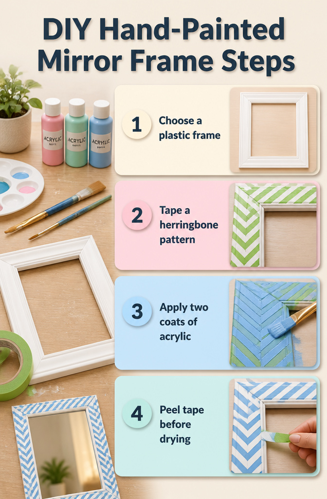 Steps for creating a DIY hand-painted mirror frame.