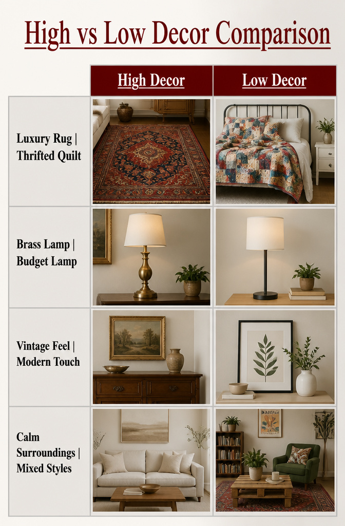 A comparison of high-end and low-cost decor items.