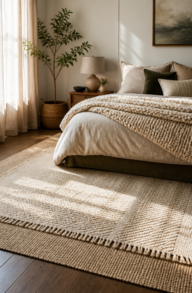 A layered rug setup with various cushions on a bed.