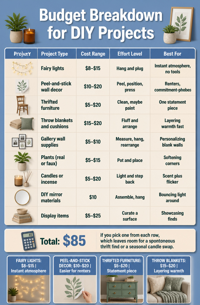 A chart outlining costs and effort for various decor projects.