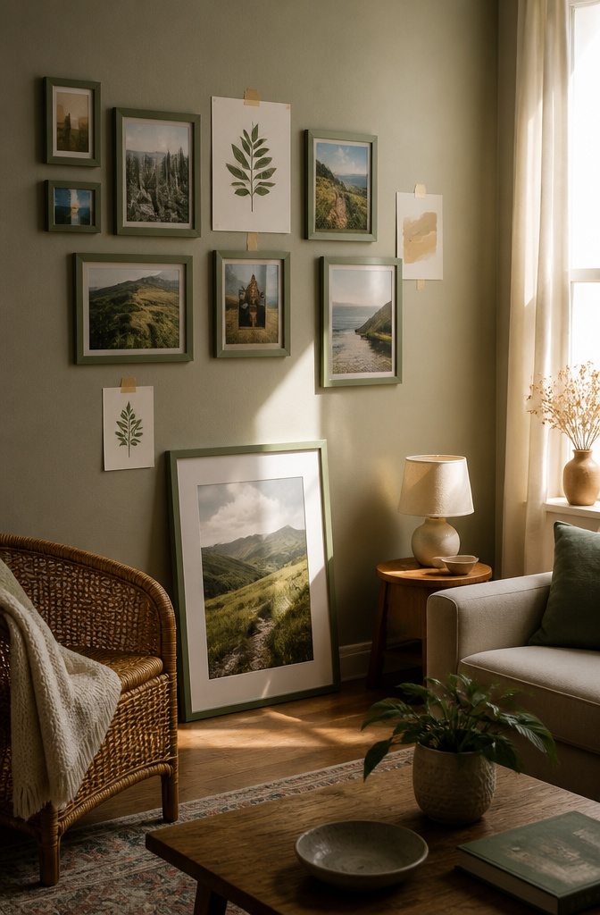 A gallery wall features family photos in assorted frames.
