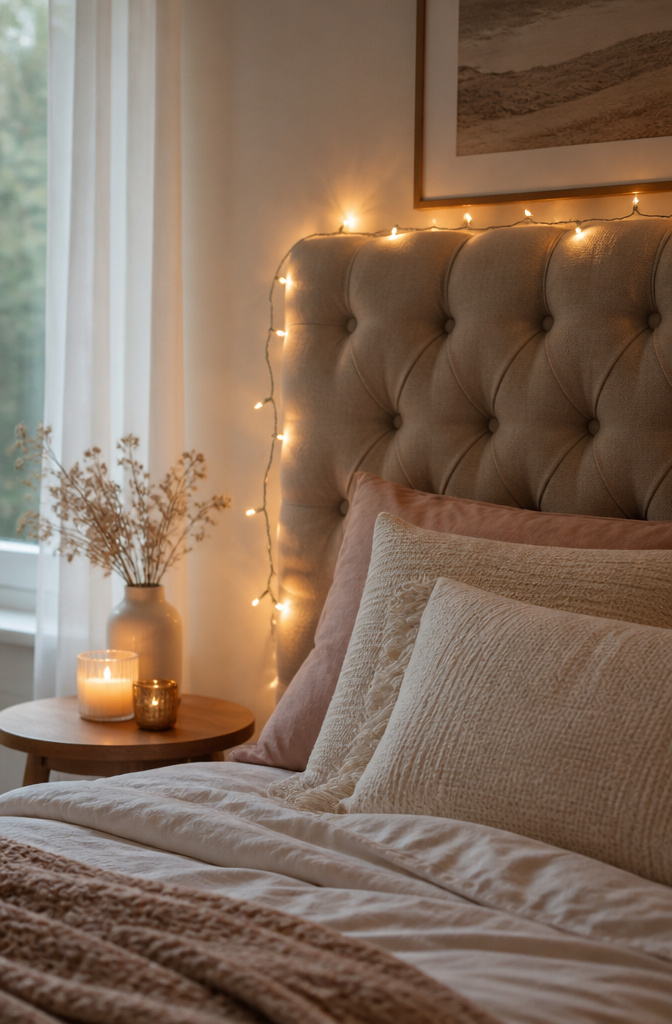 Fairy lights and candles illuminate a cozy space.