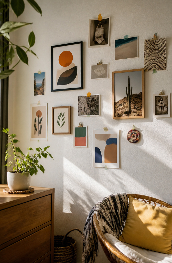 A gallery wall displays various prints and handmade art.