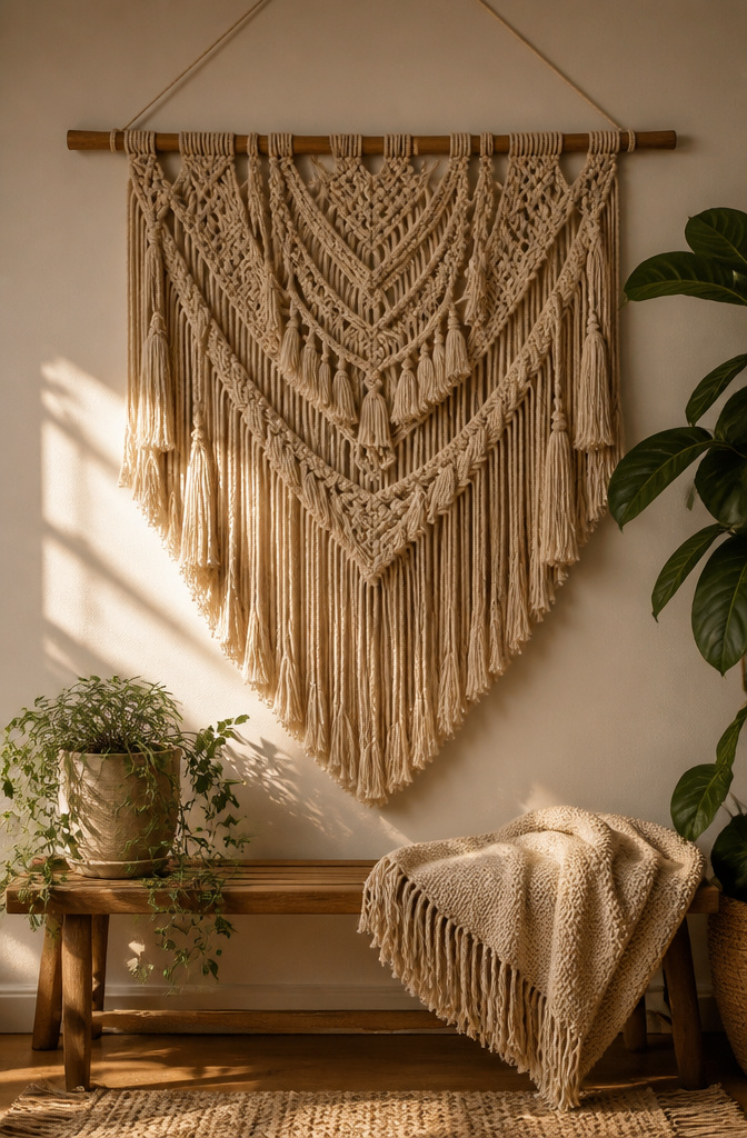 Cotton cord macrame wall hanging displayed on a wall.