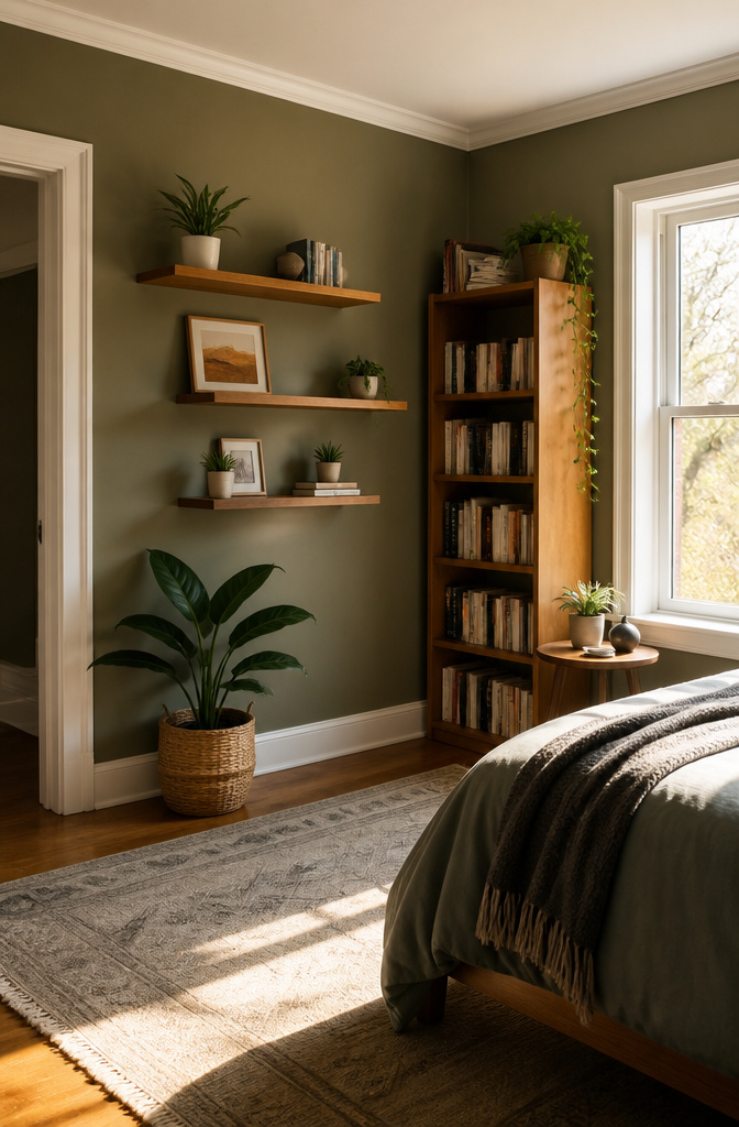 Wooden shelves mounted on a wall with decorative items.