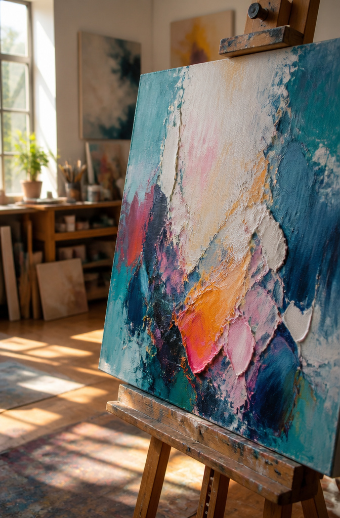 Stretched canvas prepared with gesso and paint supplies.