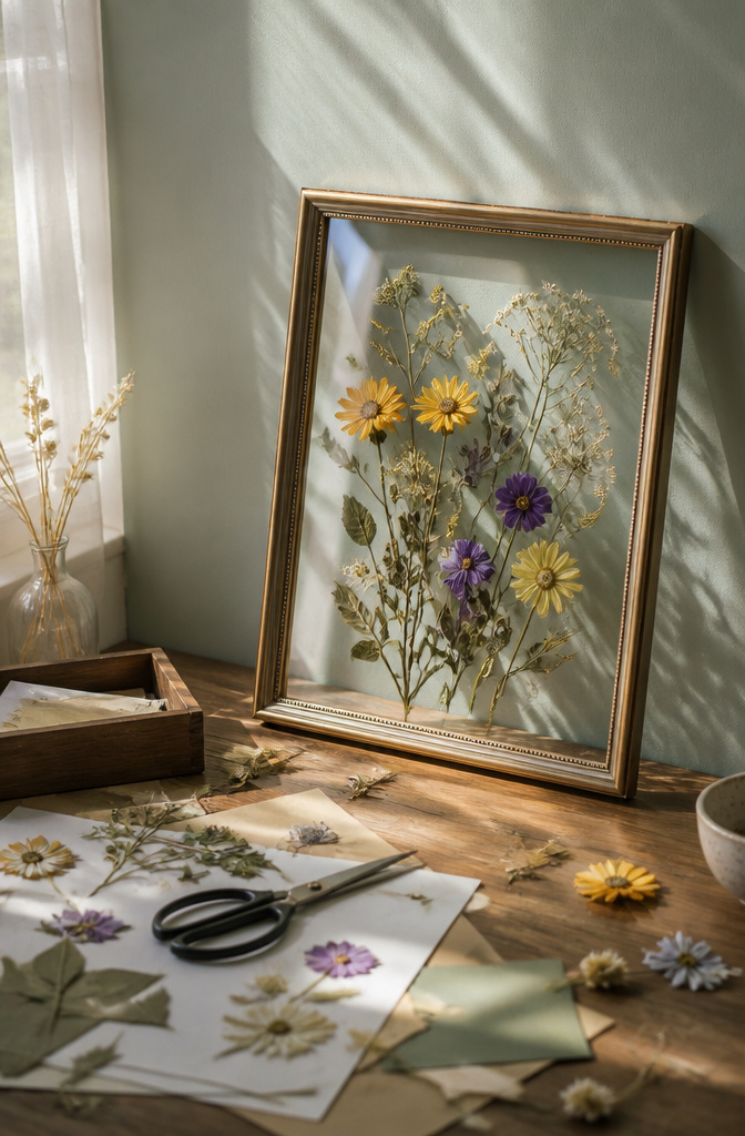 Pressed flowers between glass in a classic frame.