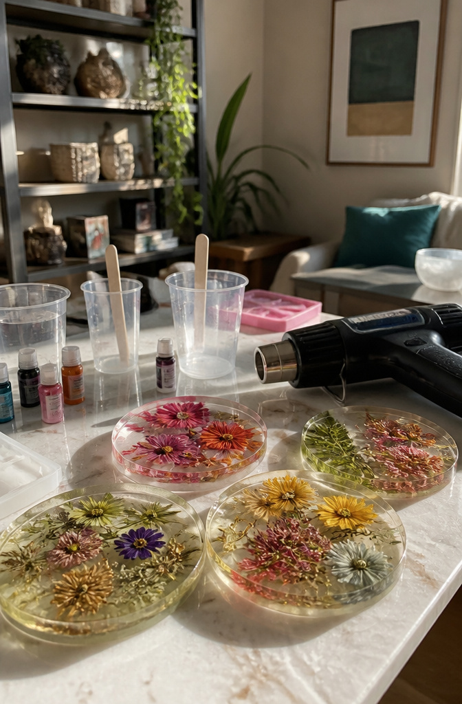 Freshly poured resin coasters with flowers set on a polished table.