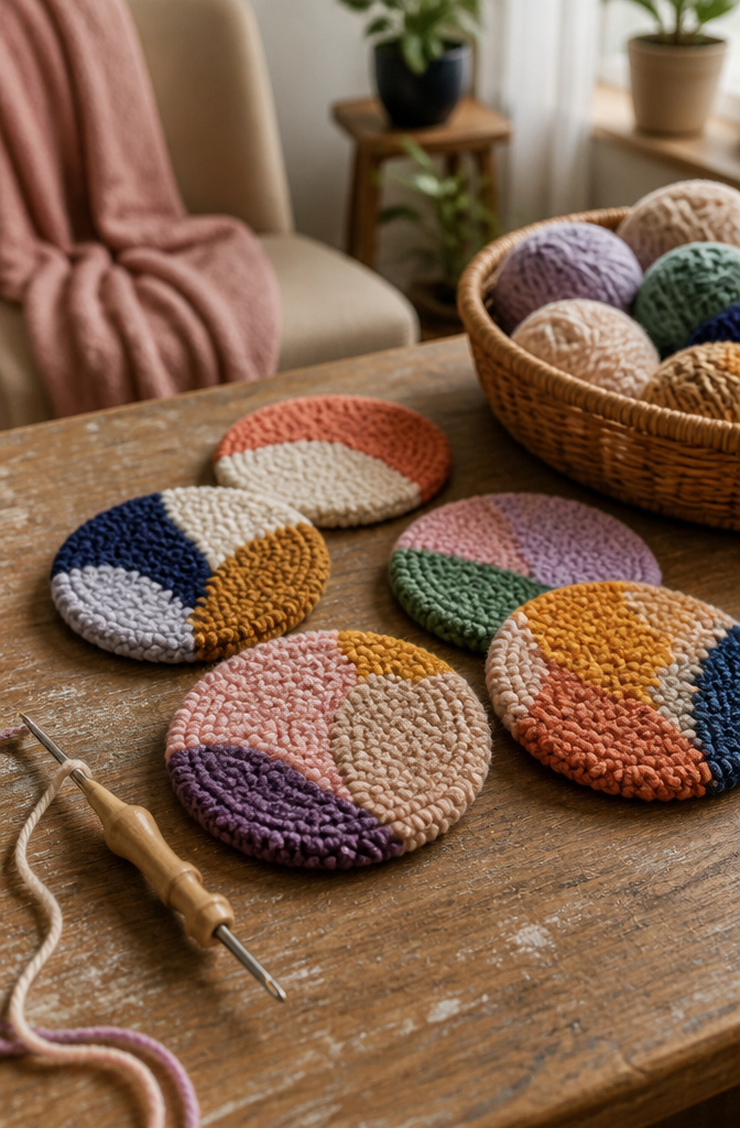Thick punch needle rug coasters displayed under a glass.
