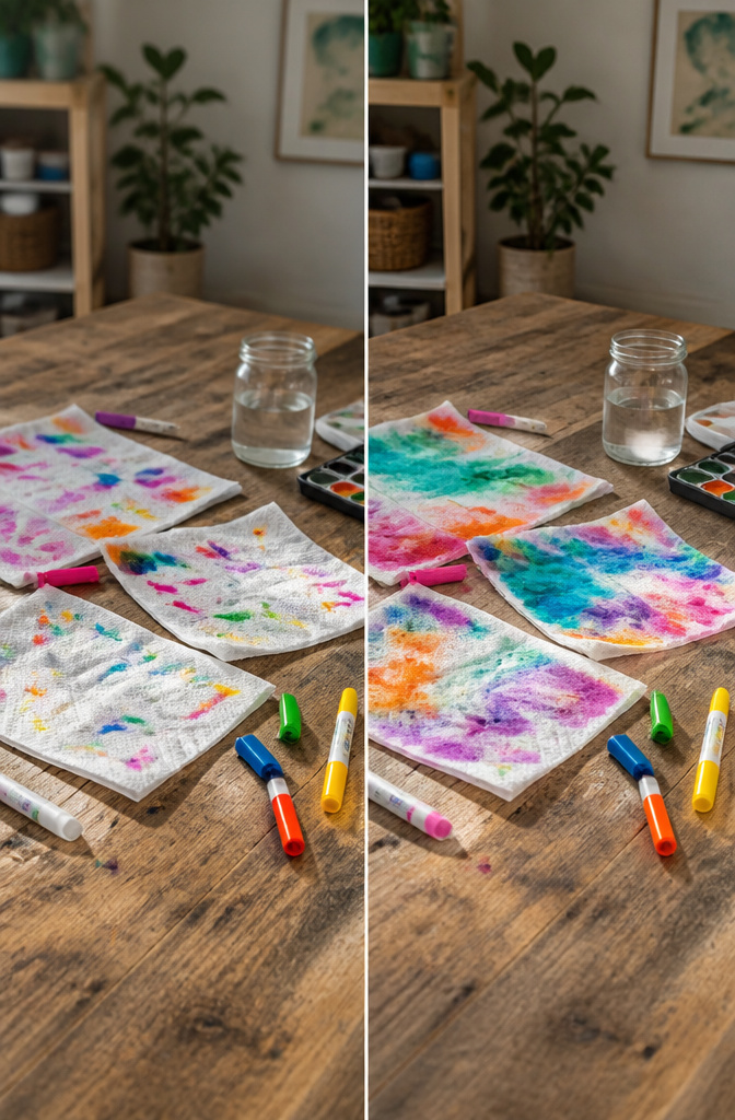 7 Crafts for 3-4 Yrs Old: Printmaking, Nature, Sensory & More (2026) 8 Colorful paper towels showing different scribbles and color blending.