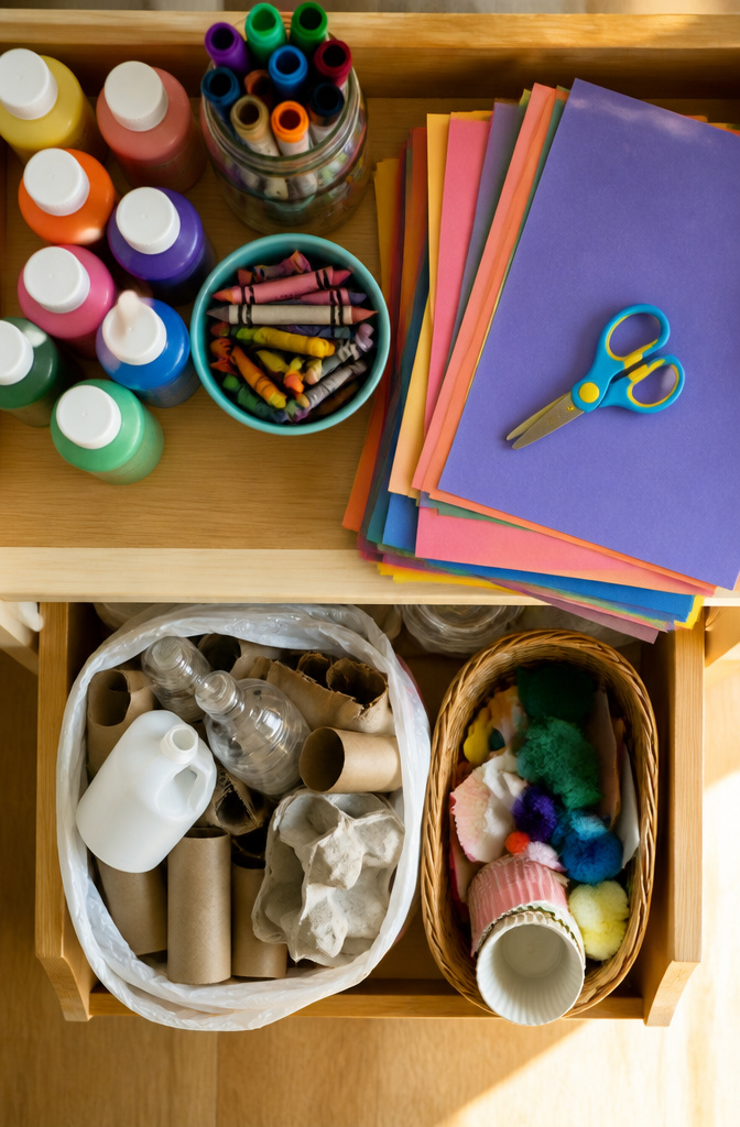 7 Crafts for 3-4 Yrs Old: Printmaking, Nature, Sensory & More (2026) 9 A collection of craft supplies, including paint, markers, and scissors.